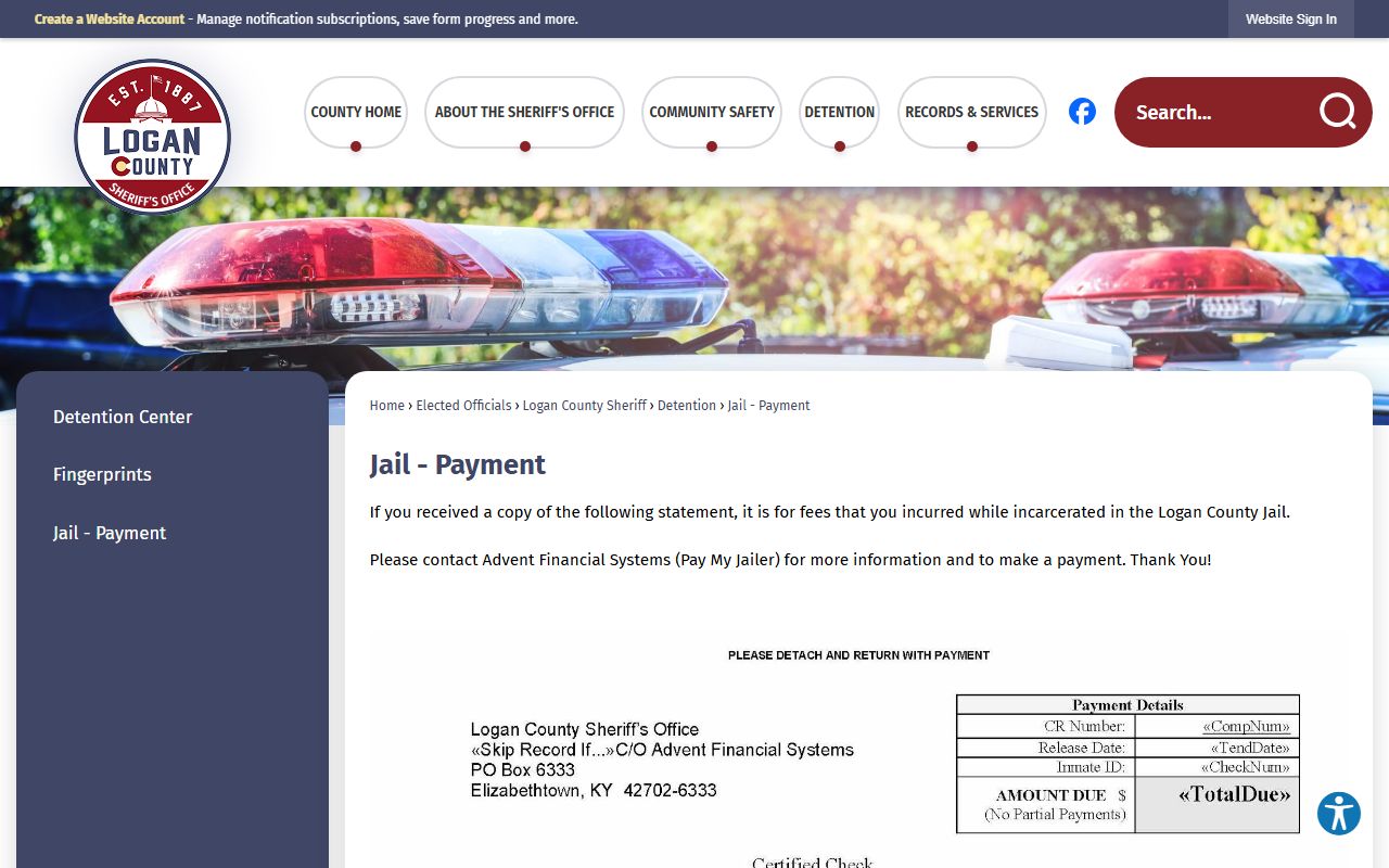 Logan County jail payment page for detention center inmate fees